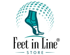 Logotipo de Feet in Line Store con arco del pie color turquesa y semicírculo punteado.