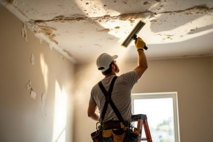 Person scraping and repairing a water-damaged ceiling in a room with peeling paint.