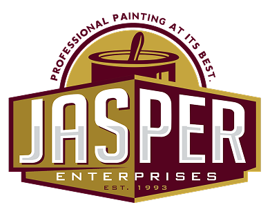 Jasper Enterprises painting logo in maroon, gold, and white with stylized paintbrush and text