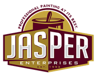 Jasper Enterprises painting logo in maroon, gold, and white with stylized paintbrush and text