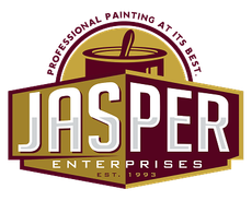 Jasper Enterprises painting logo in maroon, gold, and white with stylized paintbrush and text