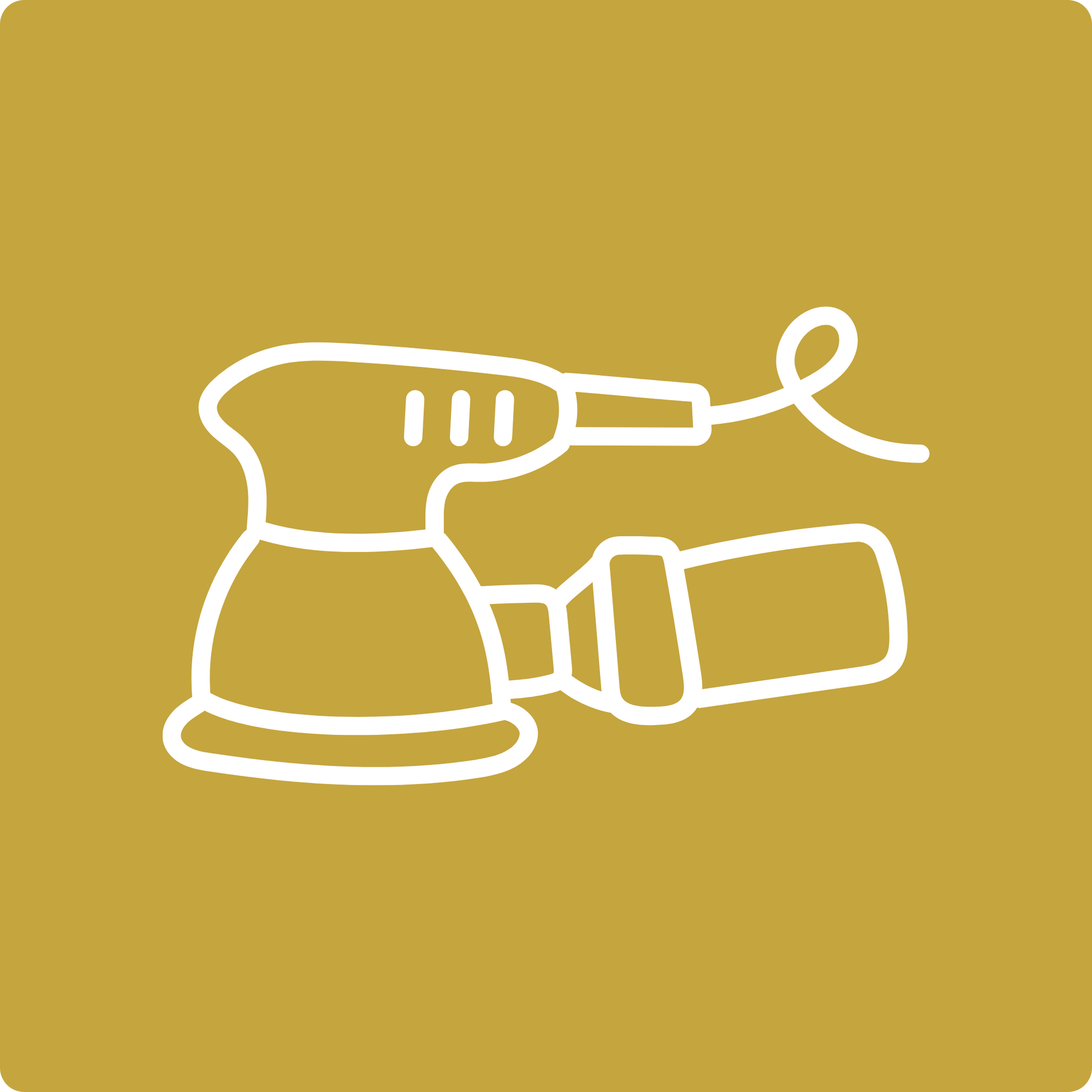 White outline of a power sander on a mustard yellow background.