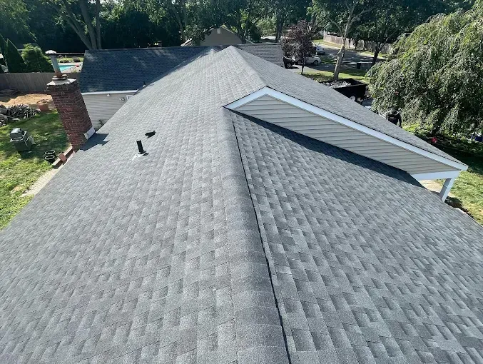 Aerial view of a gray shingled roof with a chimney and nearby trees in a suburban neighborhood