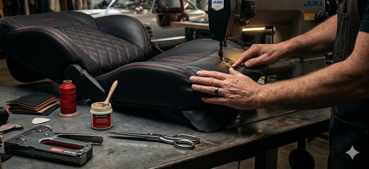 A person uses an industrial sewing machine to stitch a black leather car seat with red diamond-patterned accents.
