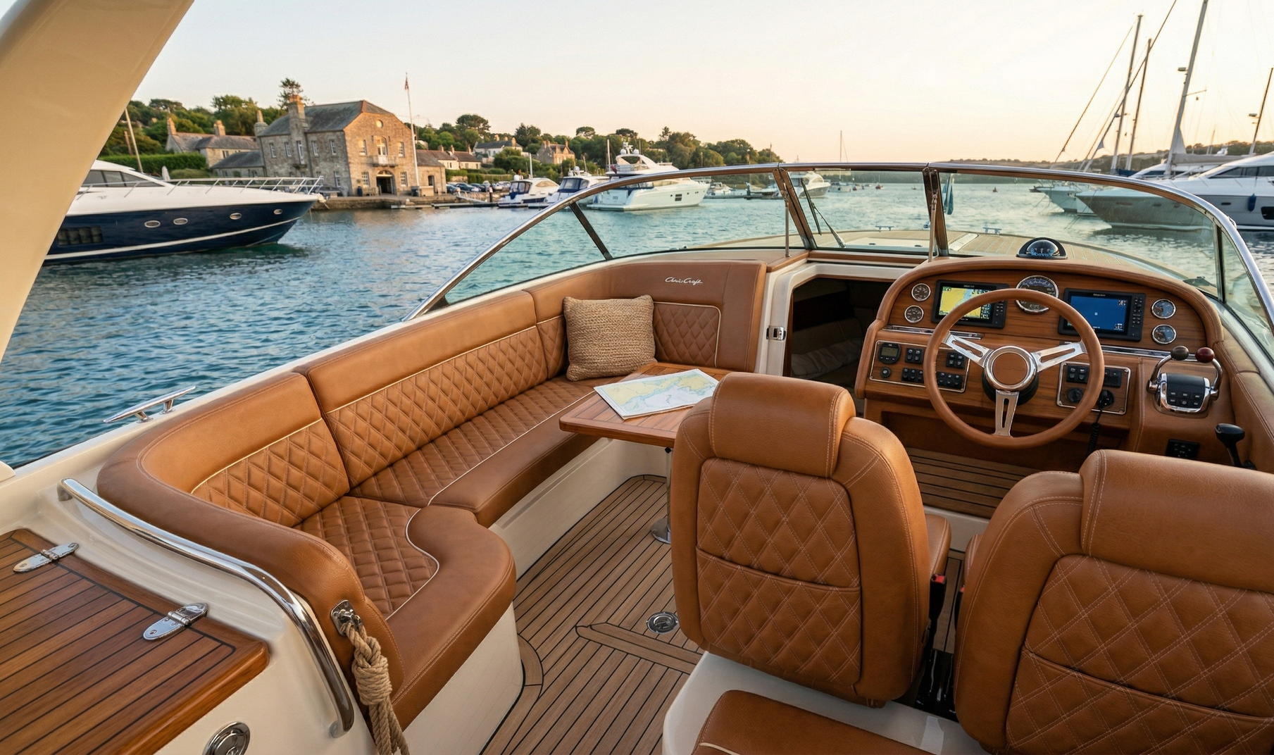 Red upholstered boat seats overlook a calm body of water with hills in the background.