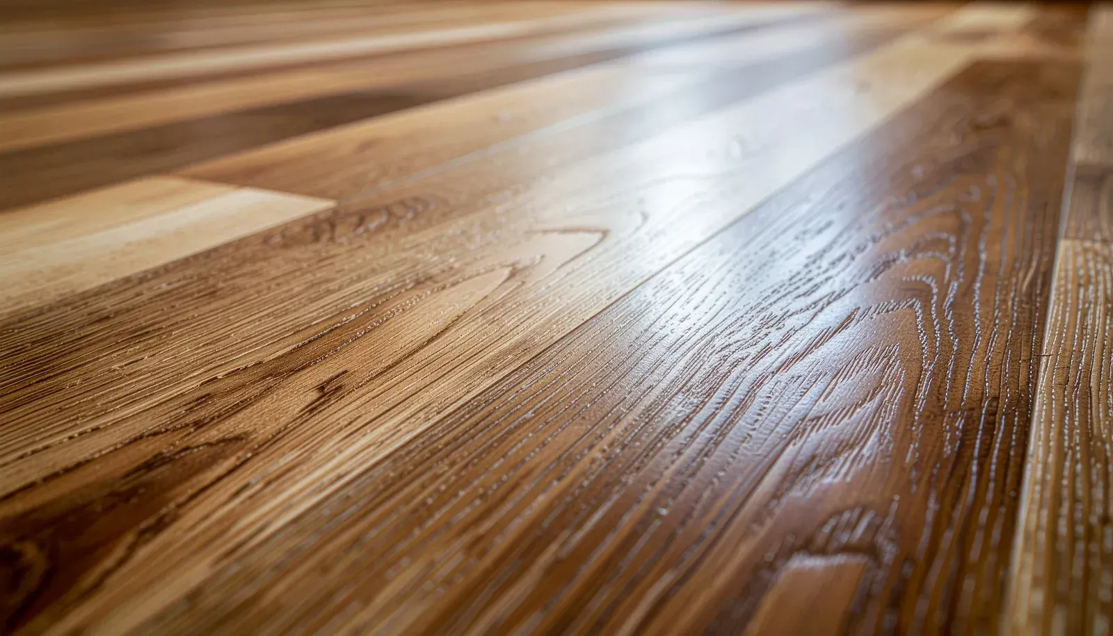 Close-up view of wooden flooring planks with a glossy finish, highlighting natural grain patterns and warm brown tones.