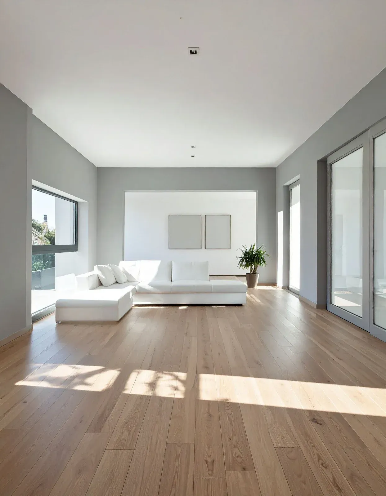 Minimalist living room with light wood floors, a white sectional sofa, gray walls, and large windows with bright sunlight.