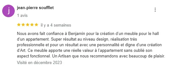 Critique de Jean-Pierre Soufflé à propos d'une création de meuble notée 5 étoiles.