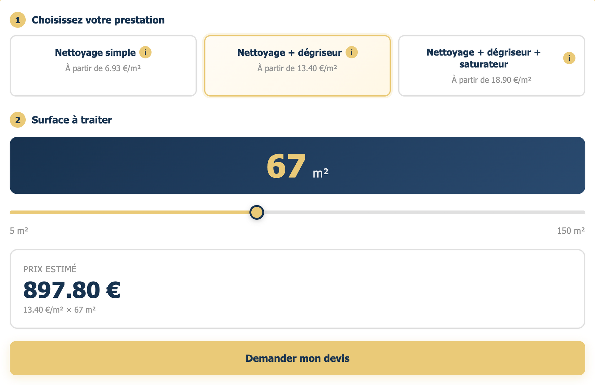 Outil de devis de service de nettoyage : Choisissez le service, le curseur de surface et l’affichage du prix de 897,80 €.