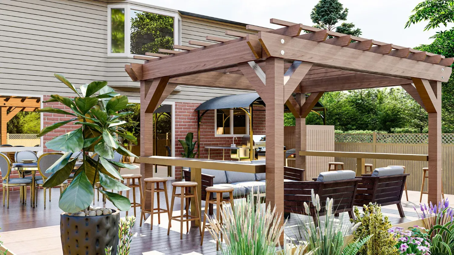 Terrasse extérieure avec pergola en bois, coin bar et espace détente, à côté d'une maison en briques.
