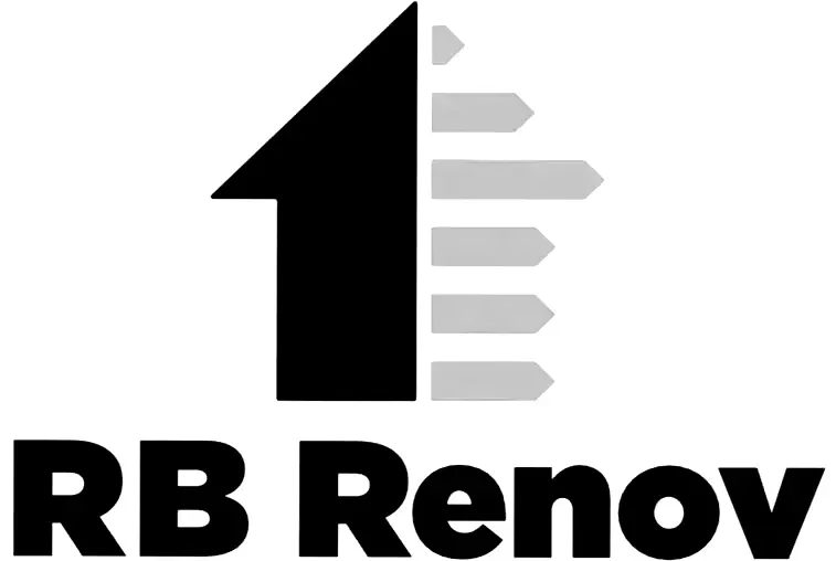 un logo noir et blanc pour rb renov avec une flèche pointant vers le haut .