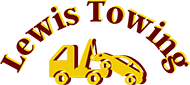 Lewis Towing logo with yellow tow truck and curved brown text on white background