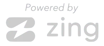Powered by Zing logo. Gray text and icon, lightning bolt in a rounded rectangle.