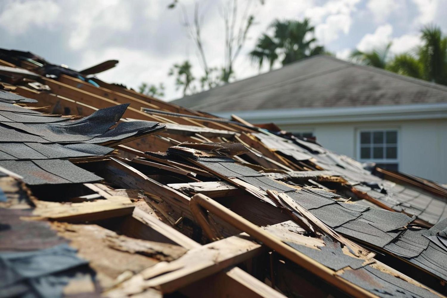Damaged shingle roof with exposed wood on a house, showing severe storm damage