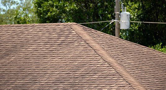 Brown shingled roof with a utility pole and trees in the background