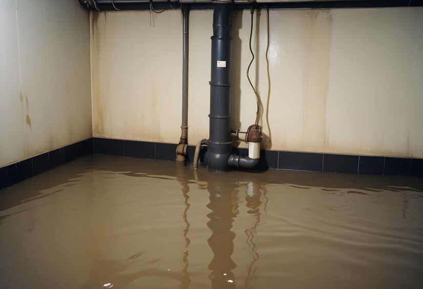 Flooded basement with standing brown water around exposed pipes and utility wall fixtures