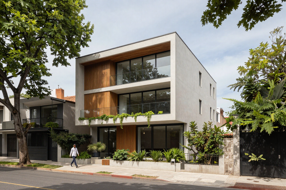 Moderna casa de tres plantas con grandes ventanales, detalles en madera y un pequeño jardín a lo largo de la calle.