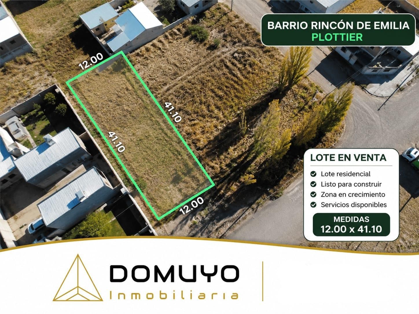 Anuncio aéreo inmobiliario que muestra un terreno baldío marcado para la venta en Barrio Rincón de Emilia, Plotter.