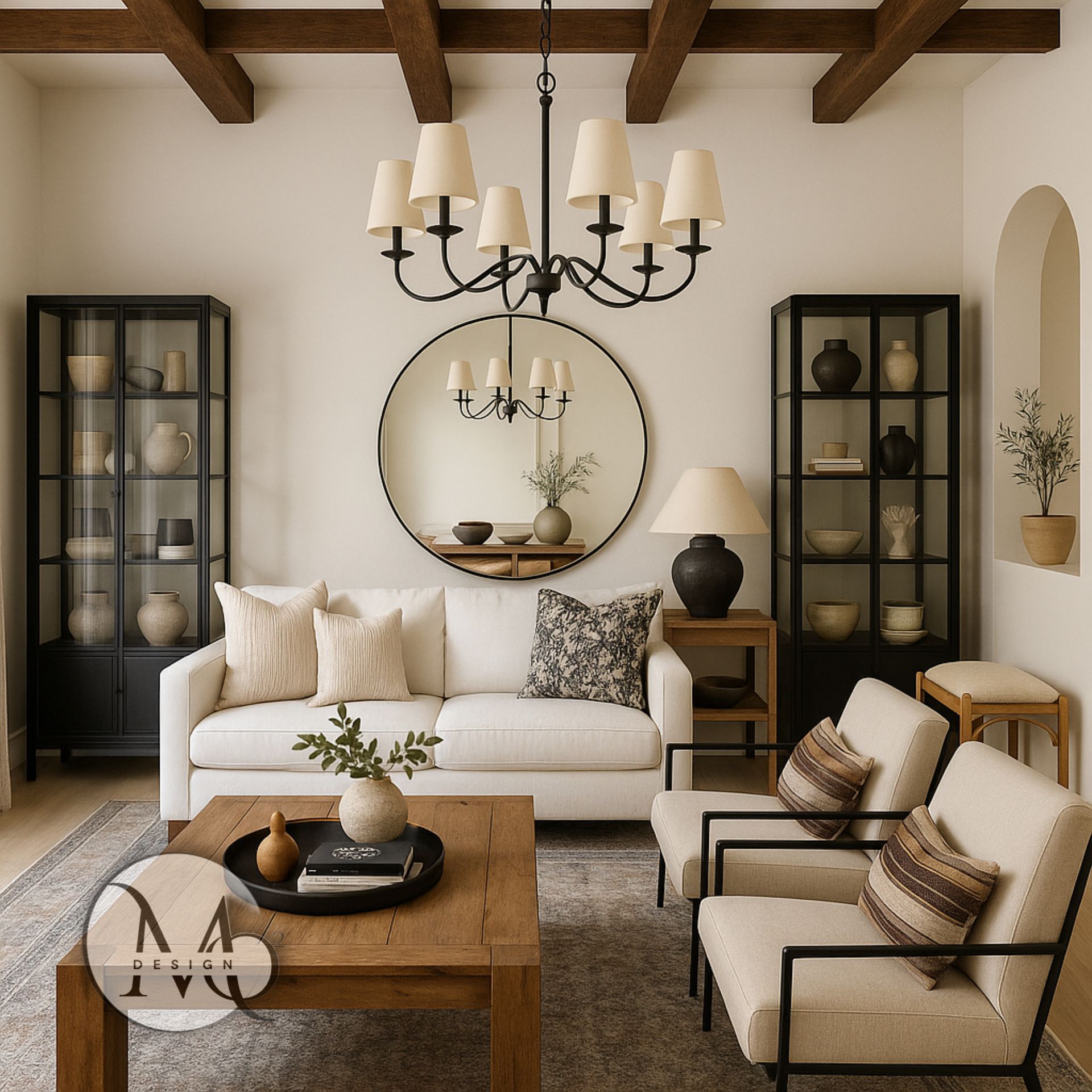 Neutral interior palette with gold details and designer lighting