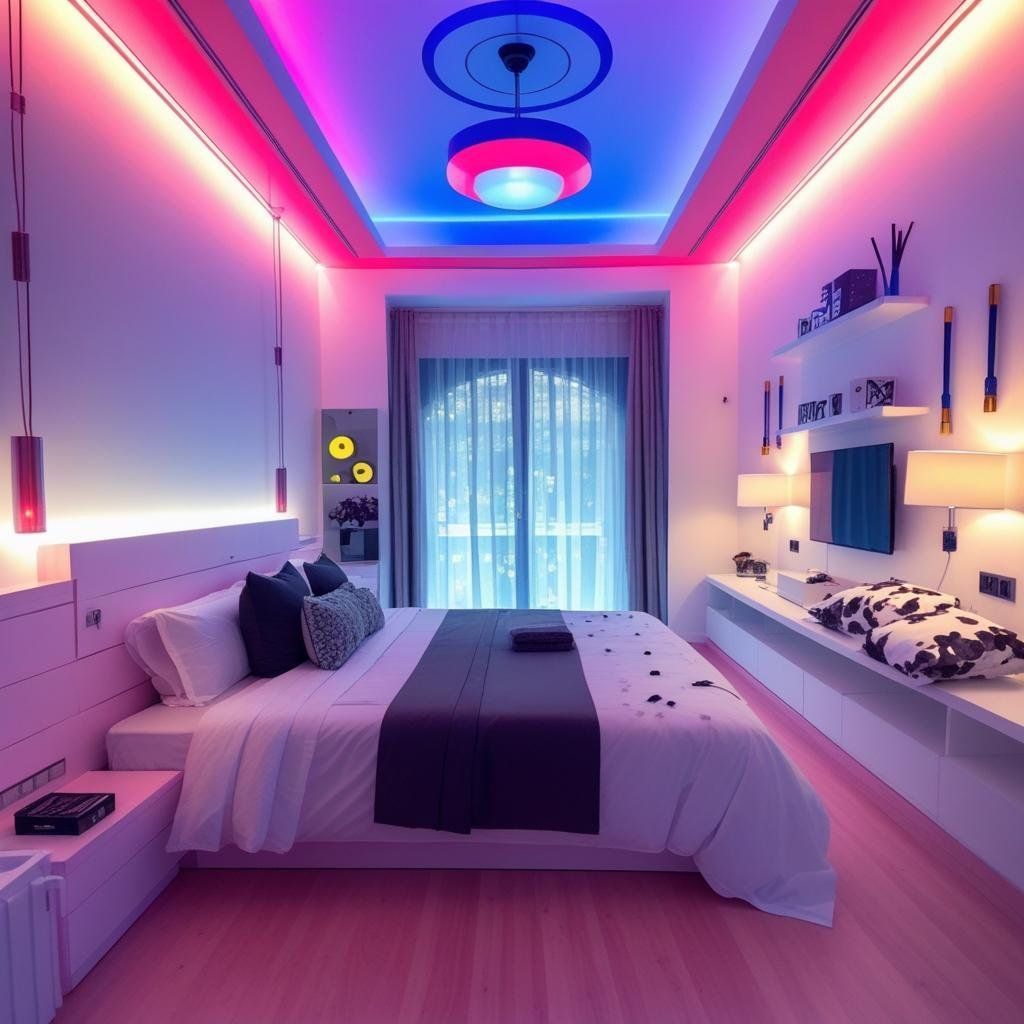 Bedroom with pink and blue LED lighting, bed, and decor, gaming room west London