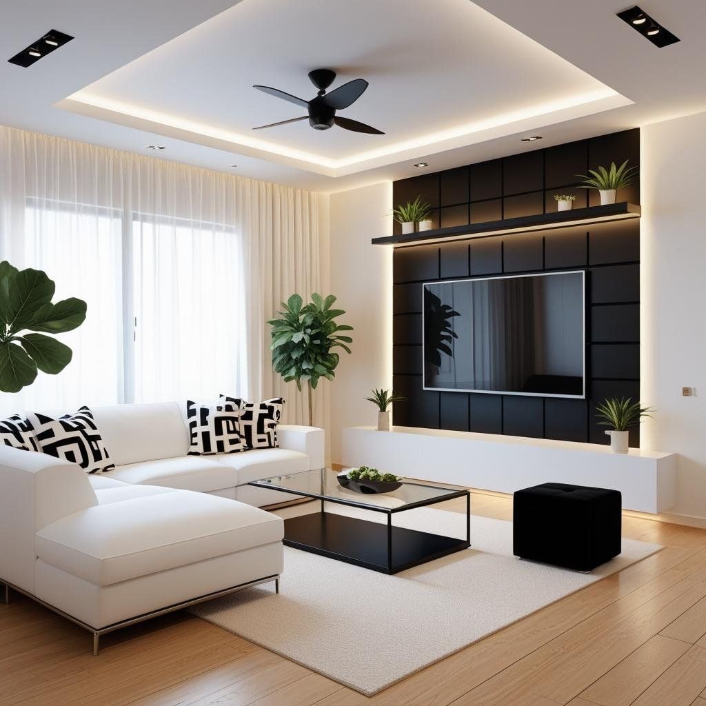 Modern living room interior design in Uxbridge with neutral tones and gold accents