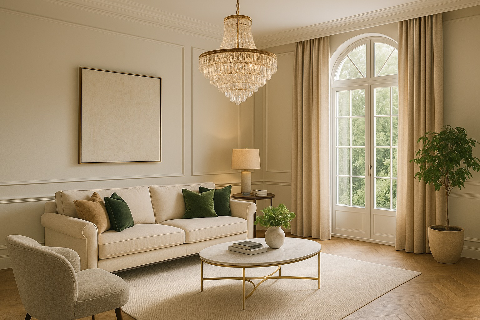interior design london Elegant living room with cream sofa, green pillows, gold chandelier, and arched window with beige curtains.