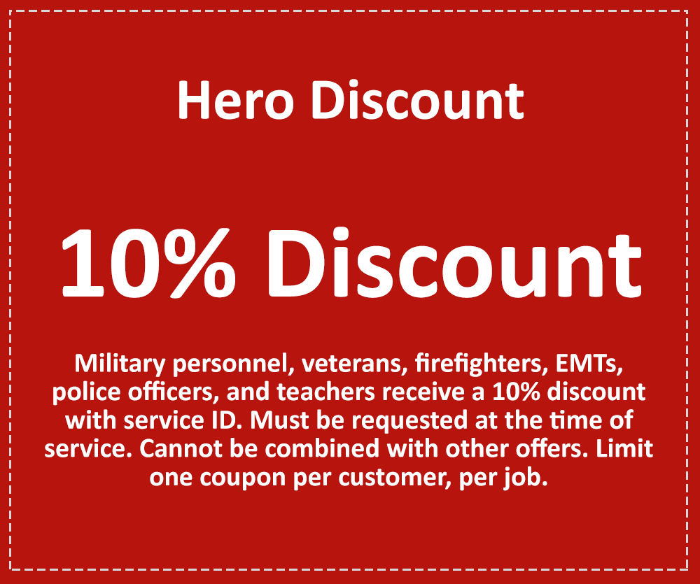 Red coupon for a 10% hero discount. Eligible: military, veterans, firefighters, EMTs, police, and teachers.