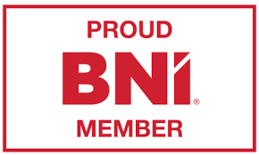 Red and white rectangular logo for BNI. Text reads