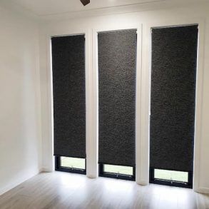 Three Tall, Narrow Windows With Dark Gray Textured Roller Shades — Totally Flooring Gold Coast In Bundall, QLD