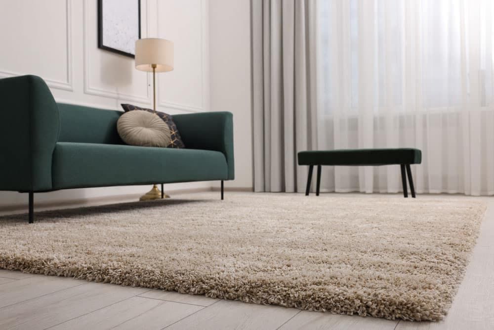 A Living Room With a Green Couch and a Rug — Totally Flooring Gold Coast In Bundall, QLD