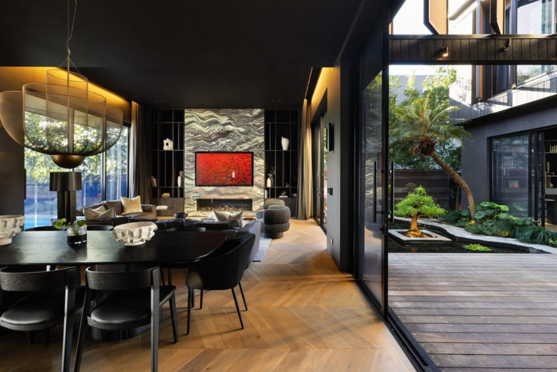 Timber flooring installed in the dining area of a luxury home