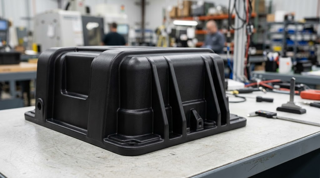Black plastic storage bin on a workbench in a workshop, with tools blurred in the background