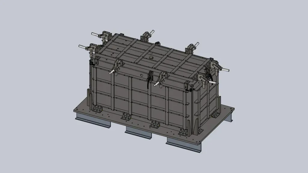 3D CAD model of a large industrial machine with pipes, panels, and support frames on a gray background