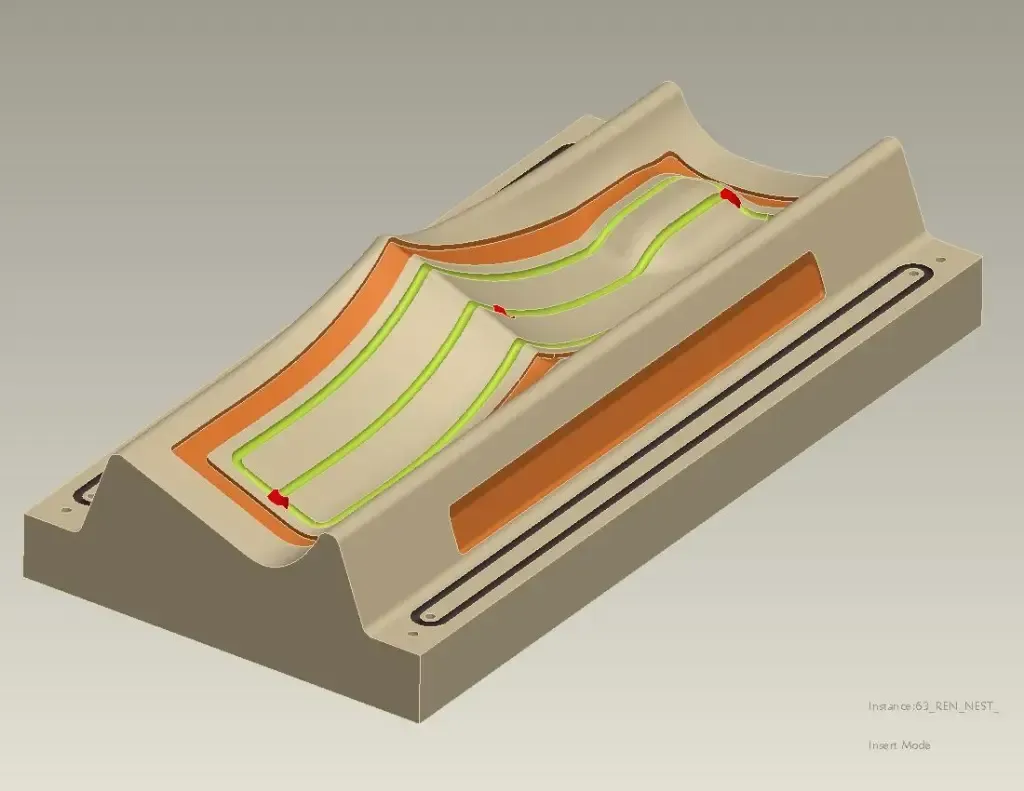 3D model of a sloped channel with colored contour lines and orange side panels on a beige base