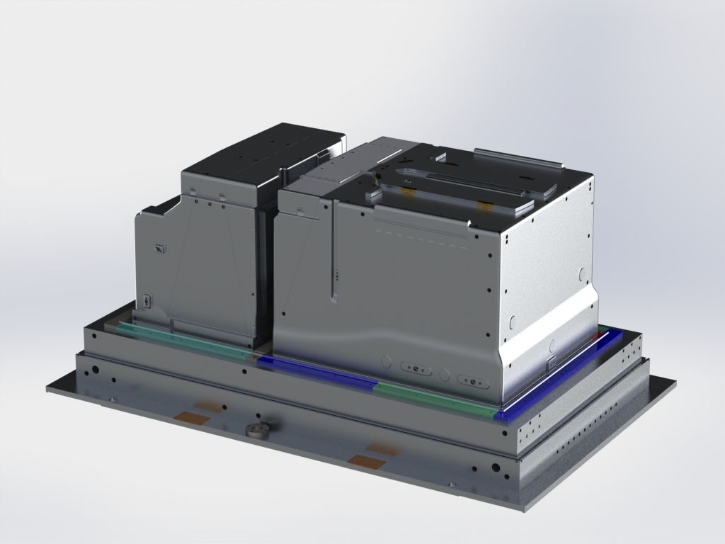 Gray industrial machine assembly on a base platform, shown in a 3D rendering