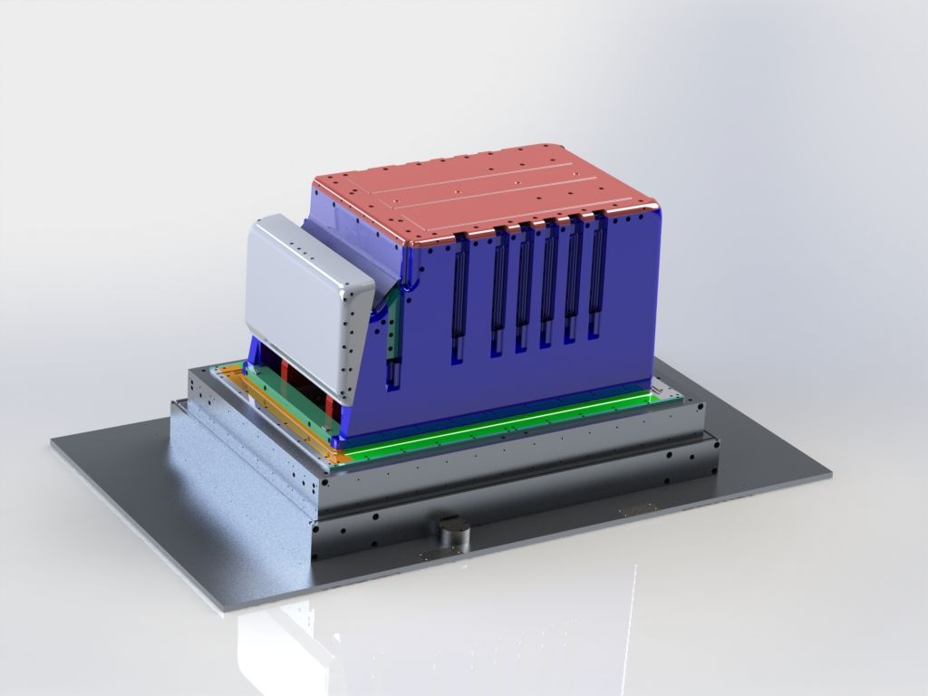 3D industrial machine prototype with red top, blue sides, and gray base on a platform