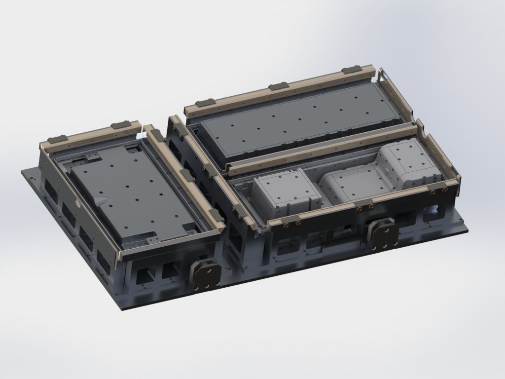 Black rugged rectangular device with two hinged gray panels on a white background