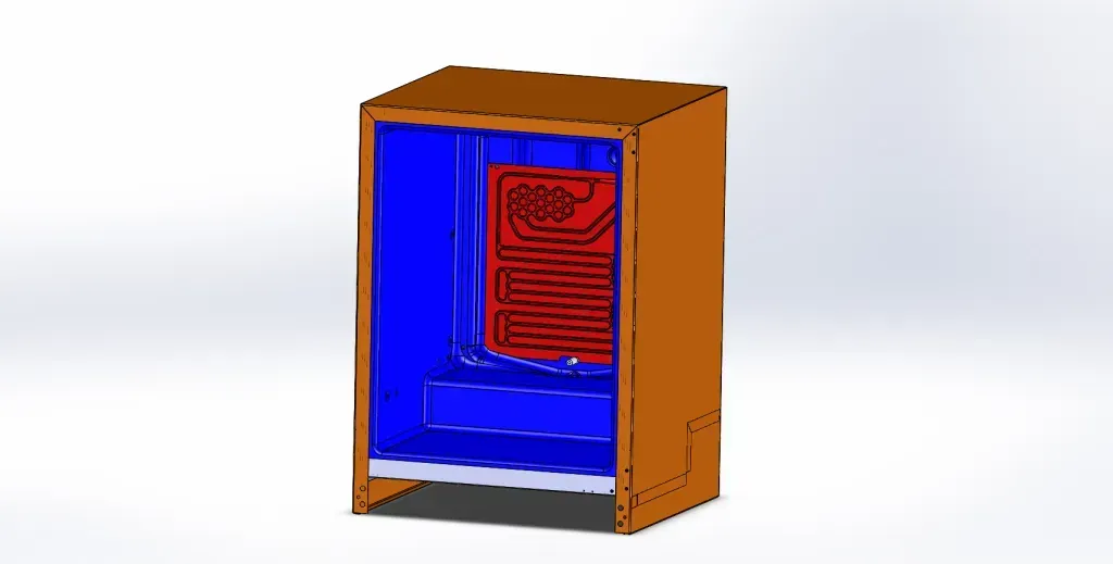 3D model of a wooden cabinet with a blue interior and a red panel inside