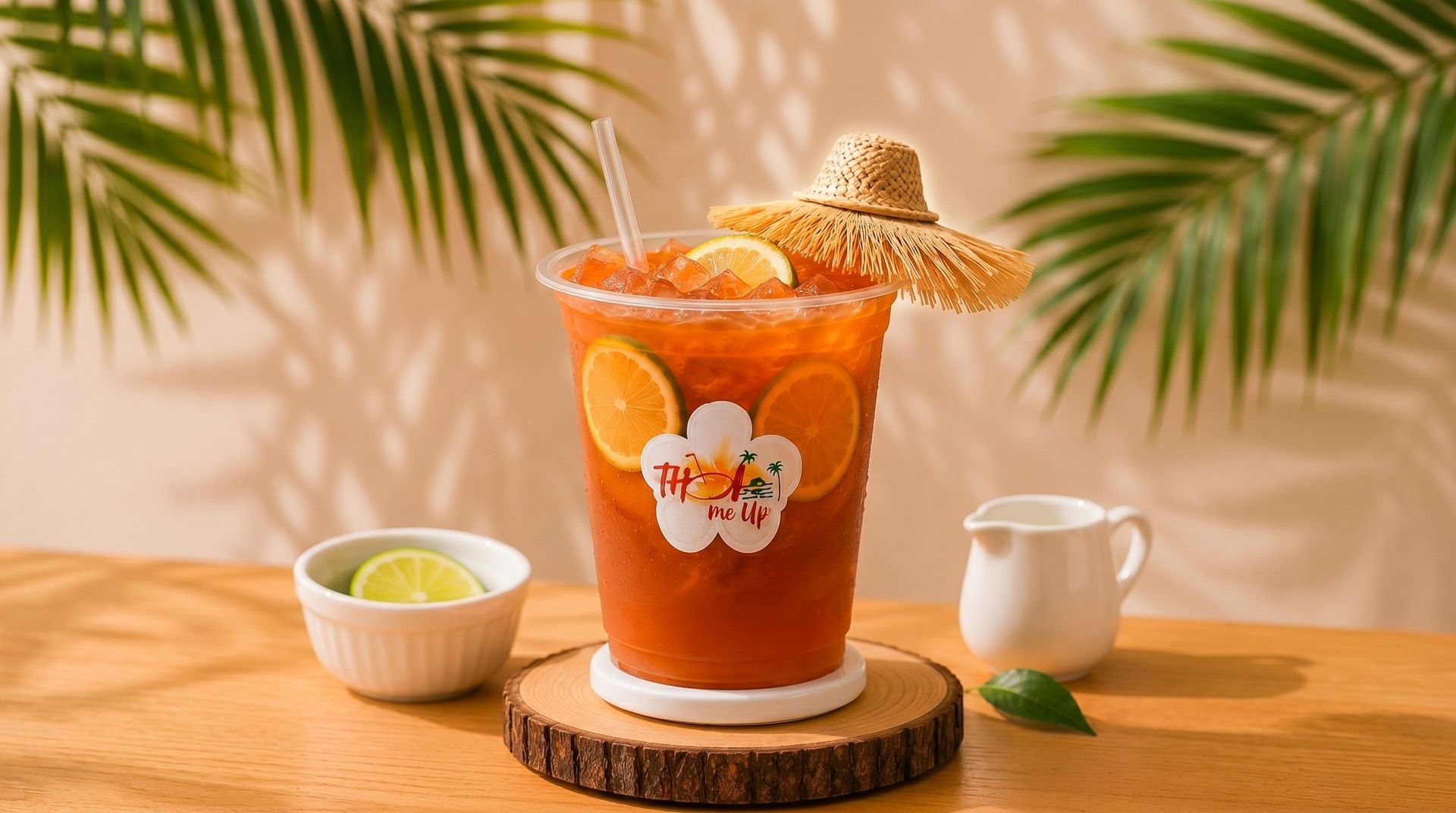 Orange drink in a clear cup with fruit slices and straw, beside a small bowl and white mug on a wooden table with palm leaves.