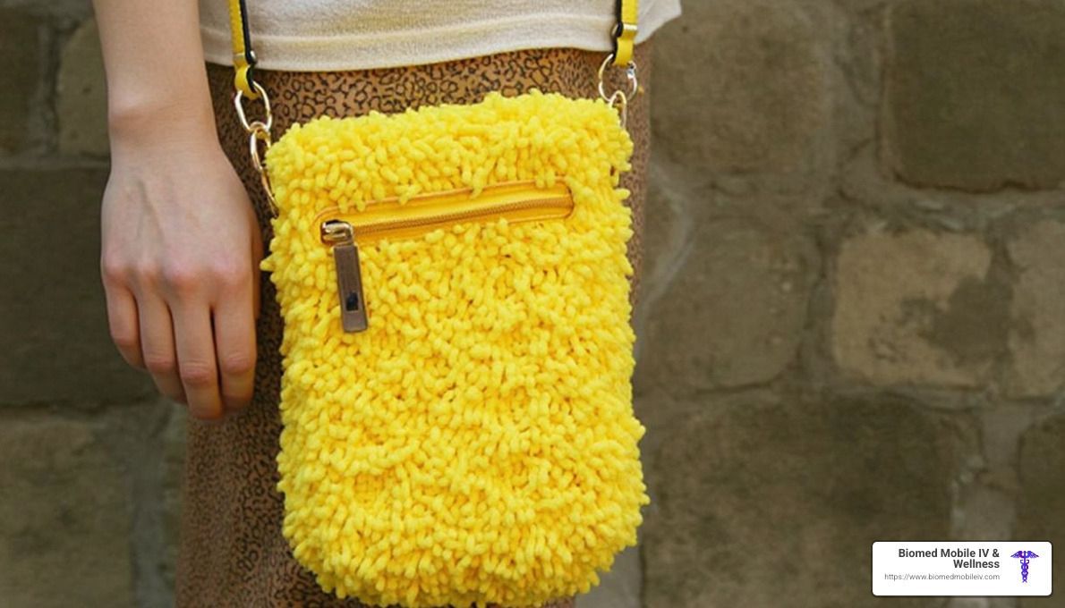 A woman is holding a yellow purse in her hand.