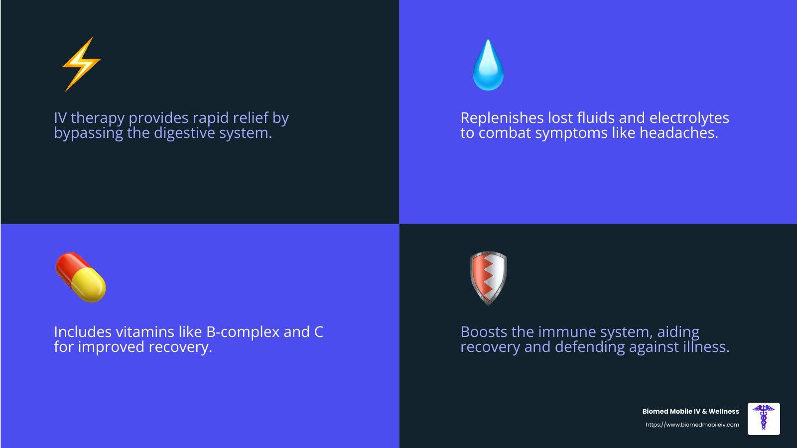 A picture of a lightning bolt , a drop of water , a pill , and a shield.