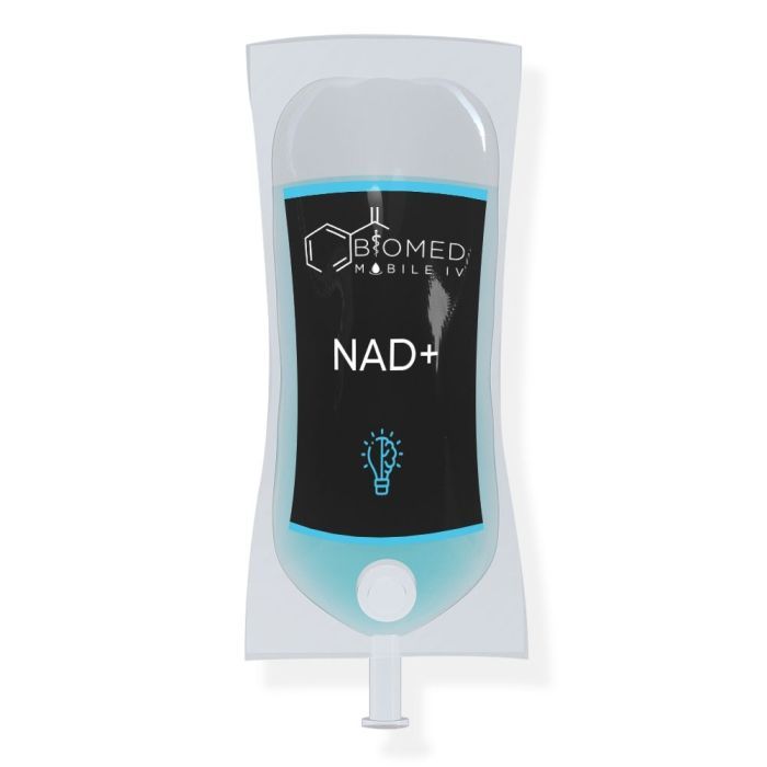 IV bag with blue liquid labeled 