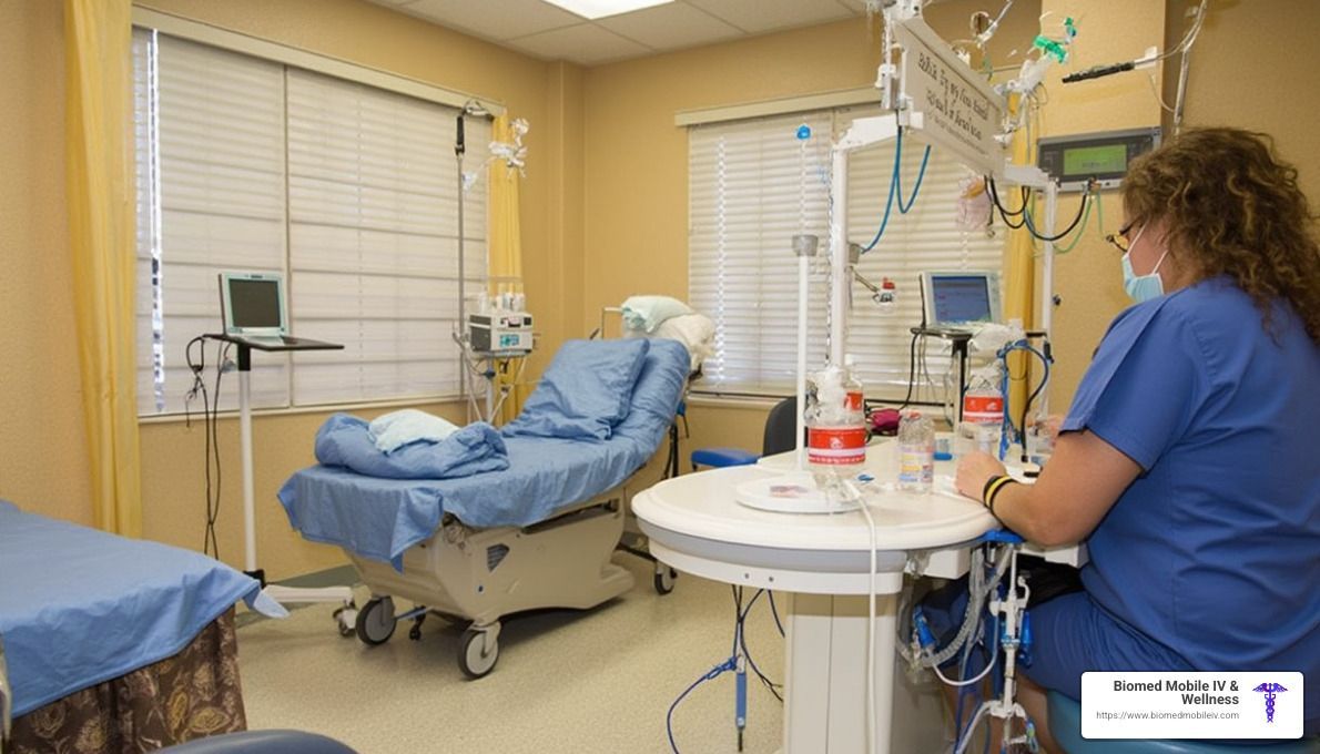 A nurse is sitting at a table in a hospital room.