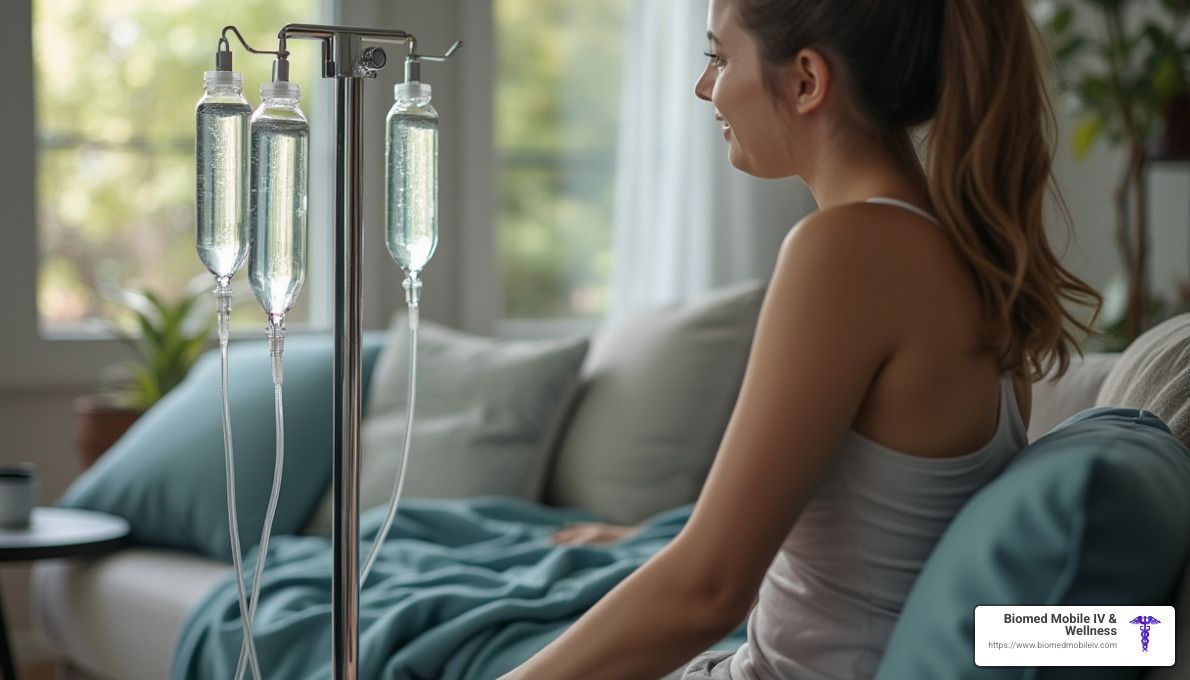 A woman is sitting on a couch with a drip in her arm.