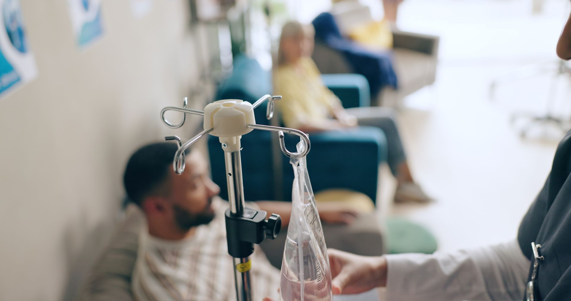 Hospital, healthcare and closeup of IV drip for medicine, drug infusion and medication dose for pat