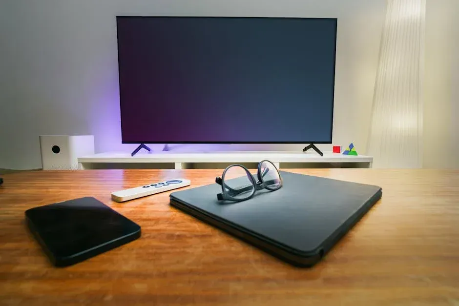 A flat screen tv is sitting on a wooden table next to a laptop and glasses.
