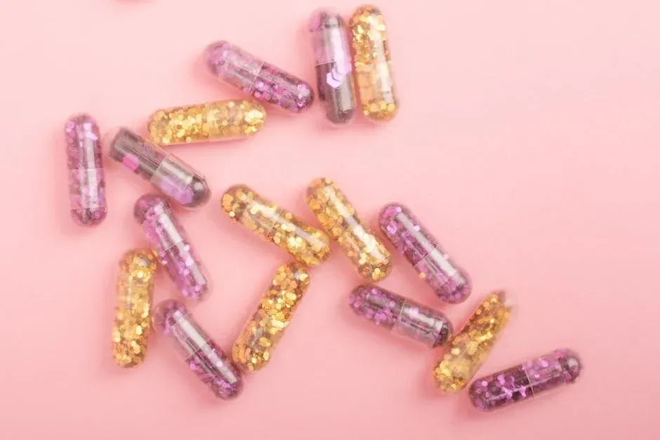 A bunch of purple and gold capsules on a pink background.
