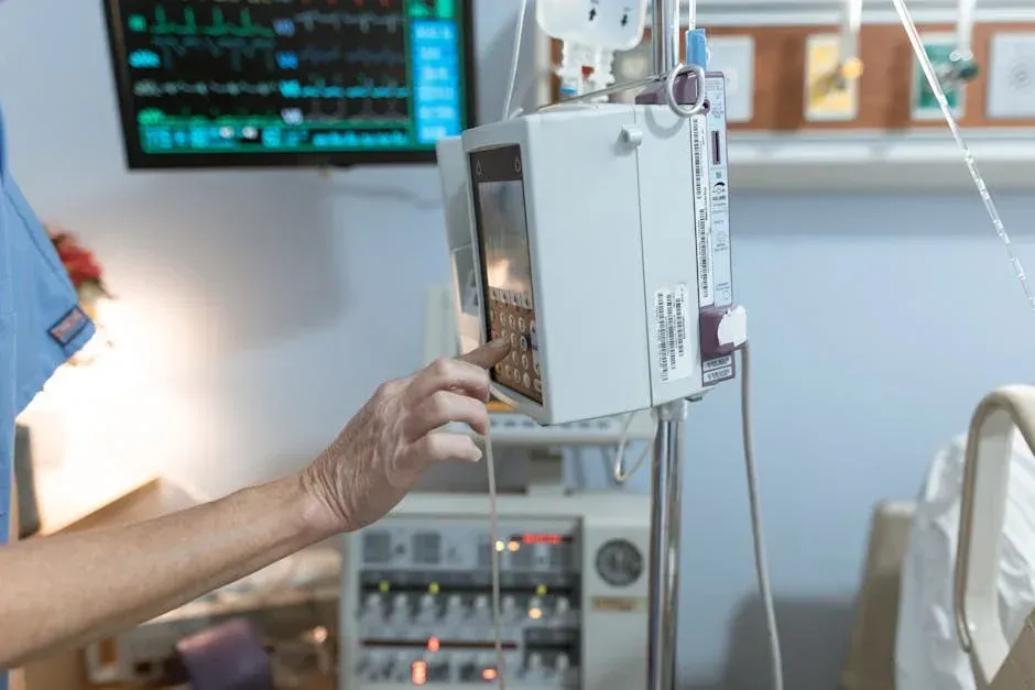 A nurse is adjusting a medical device in a hospital room.
