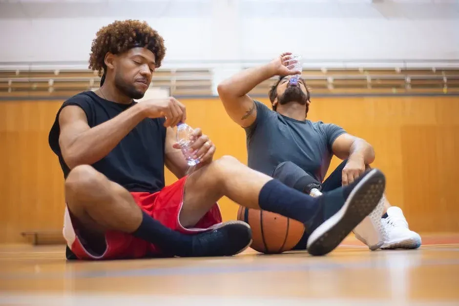 Two men are sitting on the floor with a basketball and drinking water.