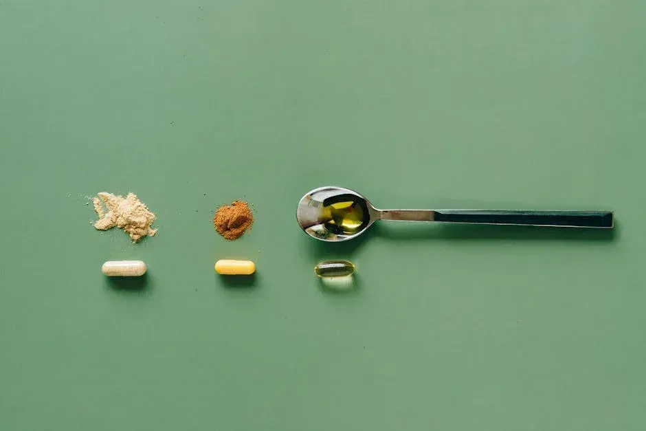 A spoon filled with oil and pills on a green surface.